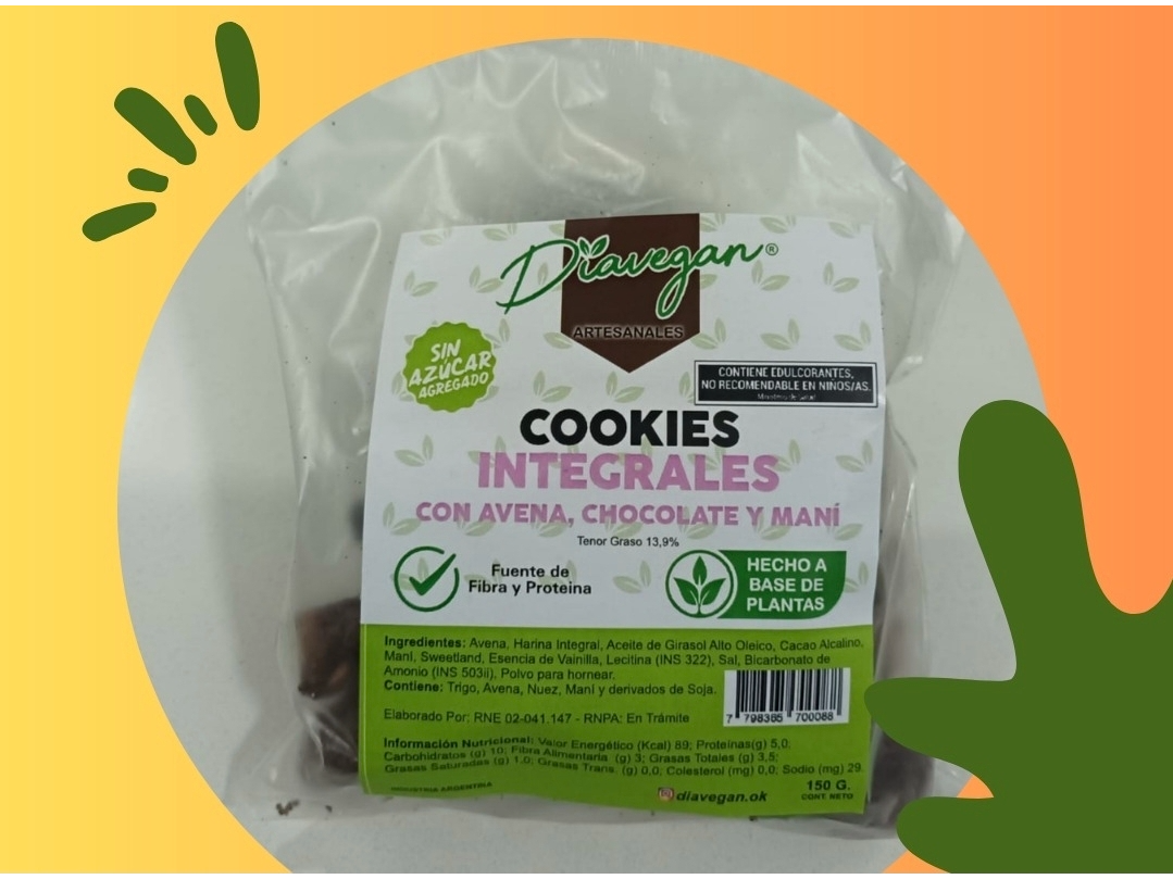 Cookies integrales Avena, Cacao y Maní . Diavegan