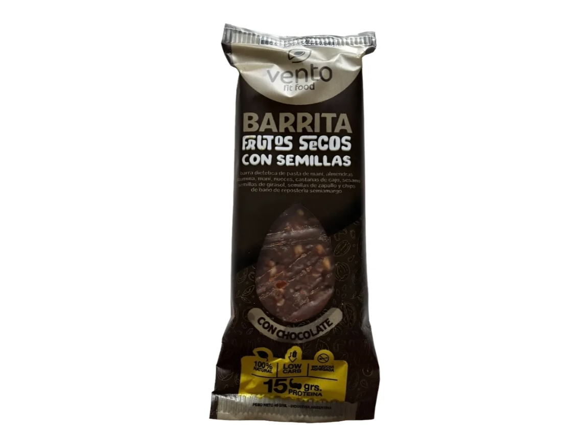 Barrita proteica frutos secos, semillas y cacao . Vento