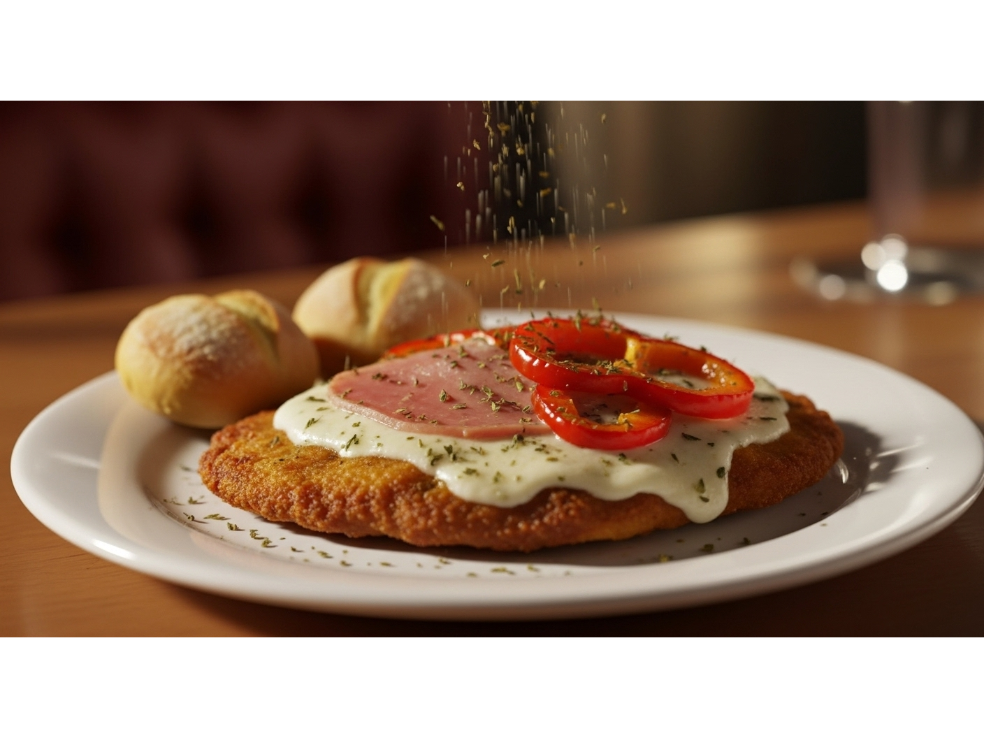 mila de pollo sin tacc + jamon + morron asado + pan