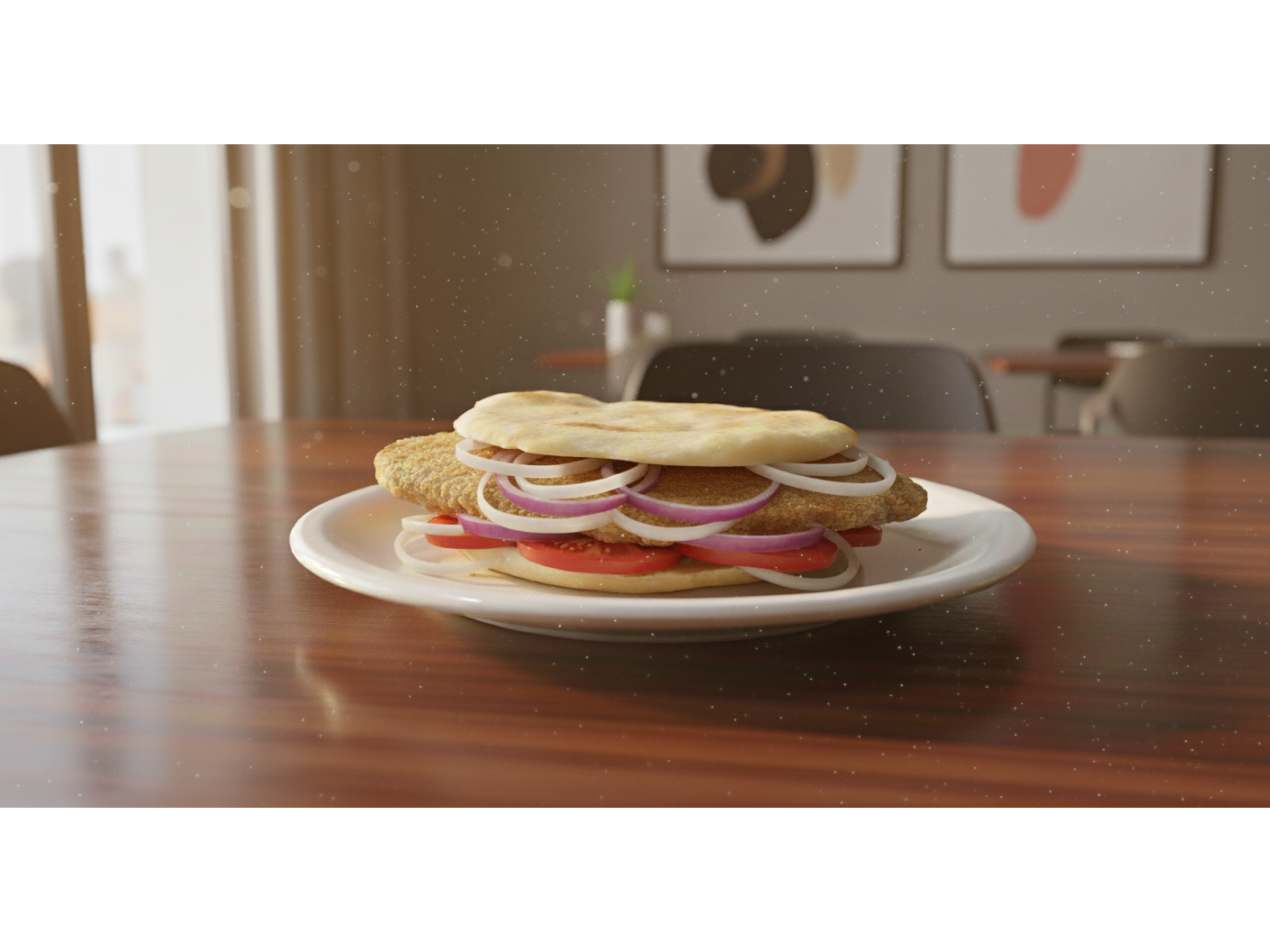 sandwich de mila de pollo + tomate + cebolla + mayonesa +pan pita - todo sin tacc