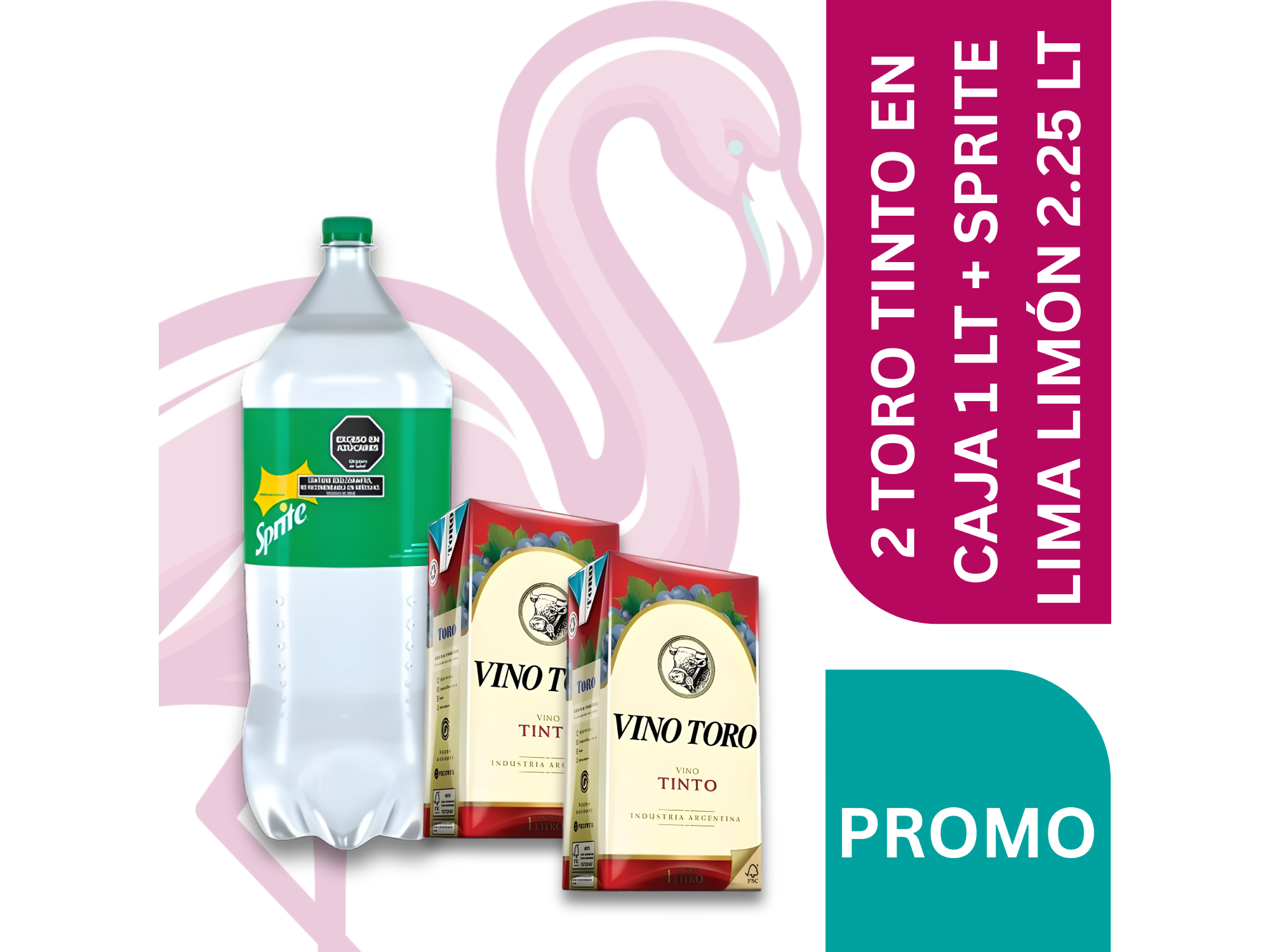 2 TORO TINTO EN CAJA 1 LT + SPRITE LIMA LIMÓN 2.25 LT