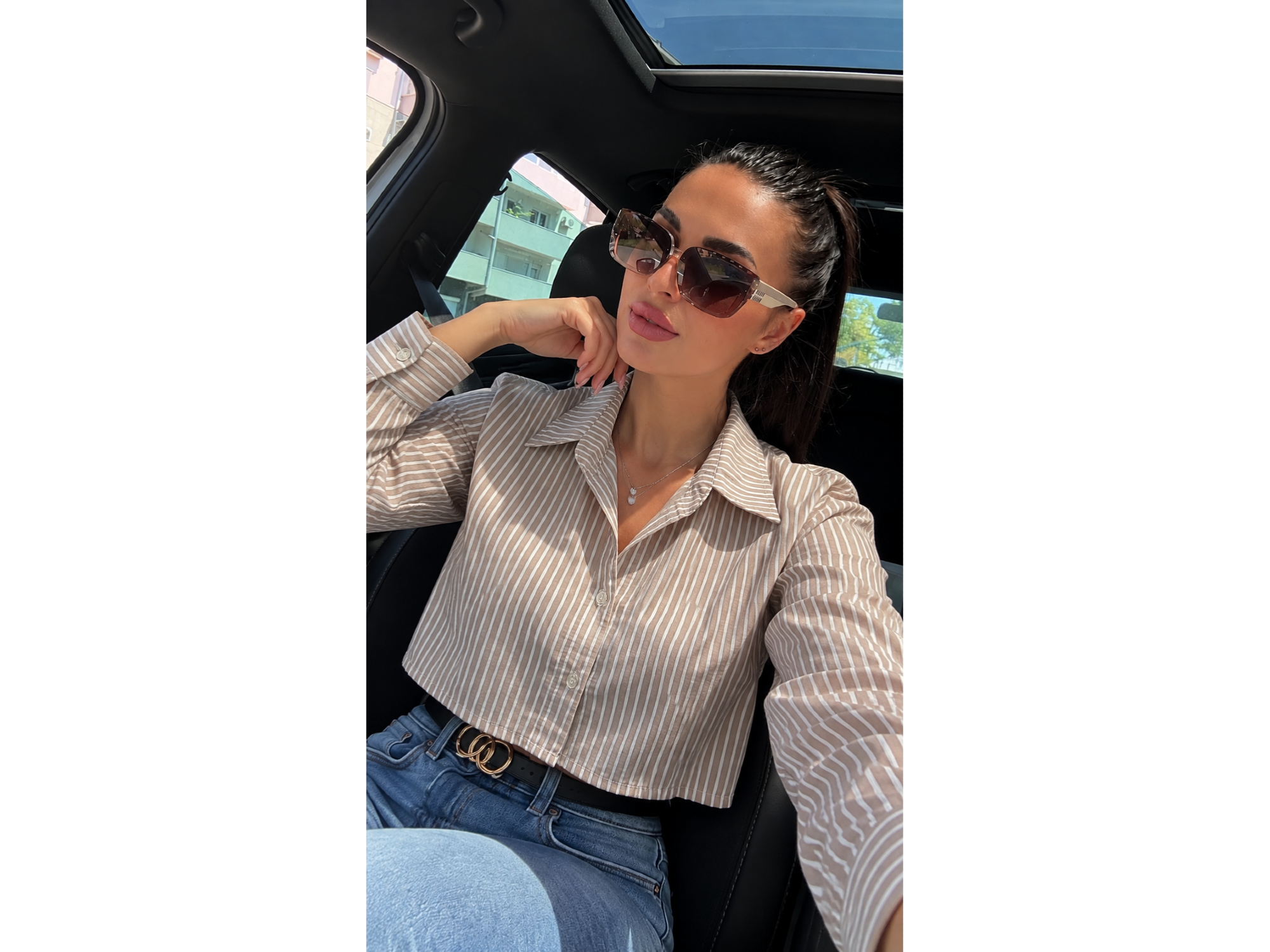 CAMISA CORTA BEIGE RAYADO