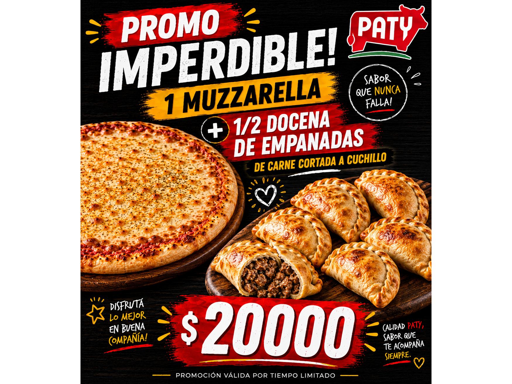 Muzzarella + 1/2 docena de empanadas de carne cortada a cuchillo