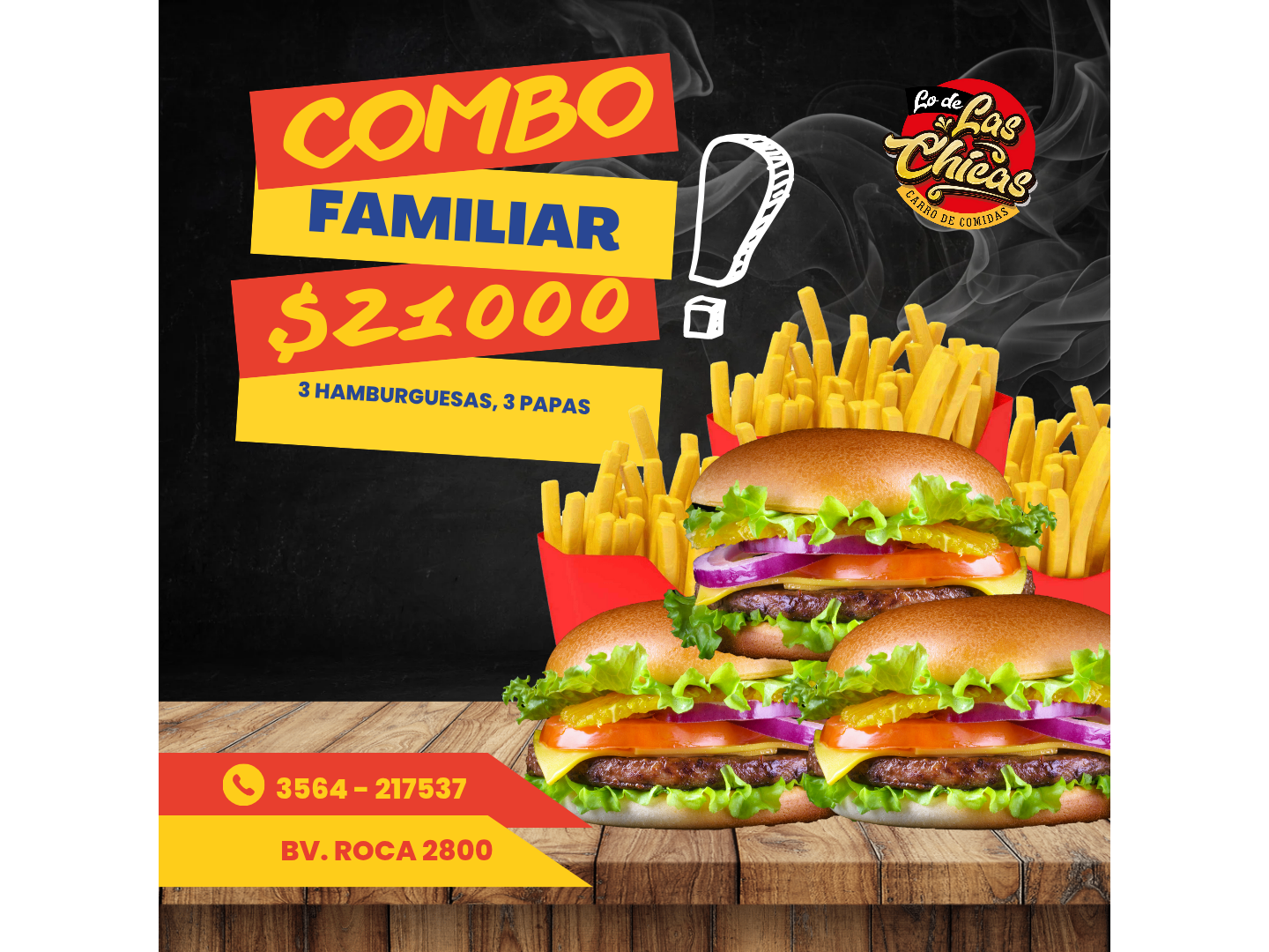 3 hamburguesas + papas fritas