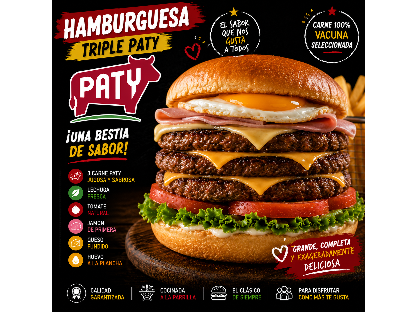 Hamburguesa triple con fritas