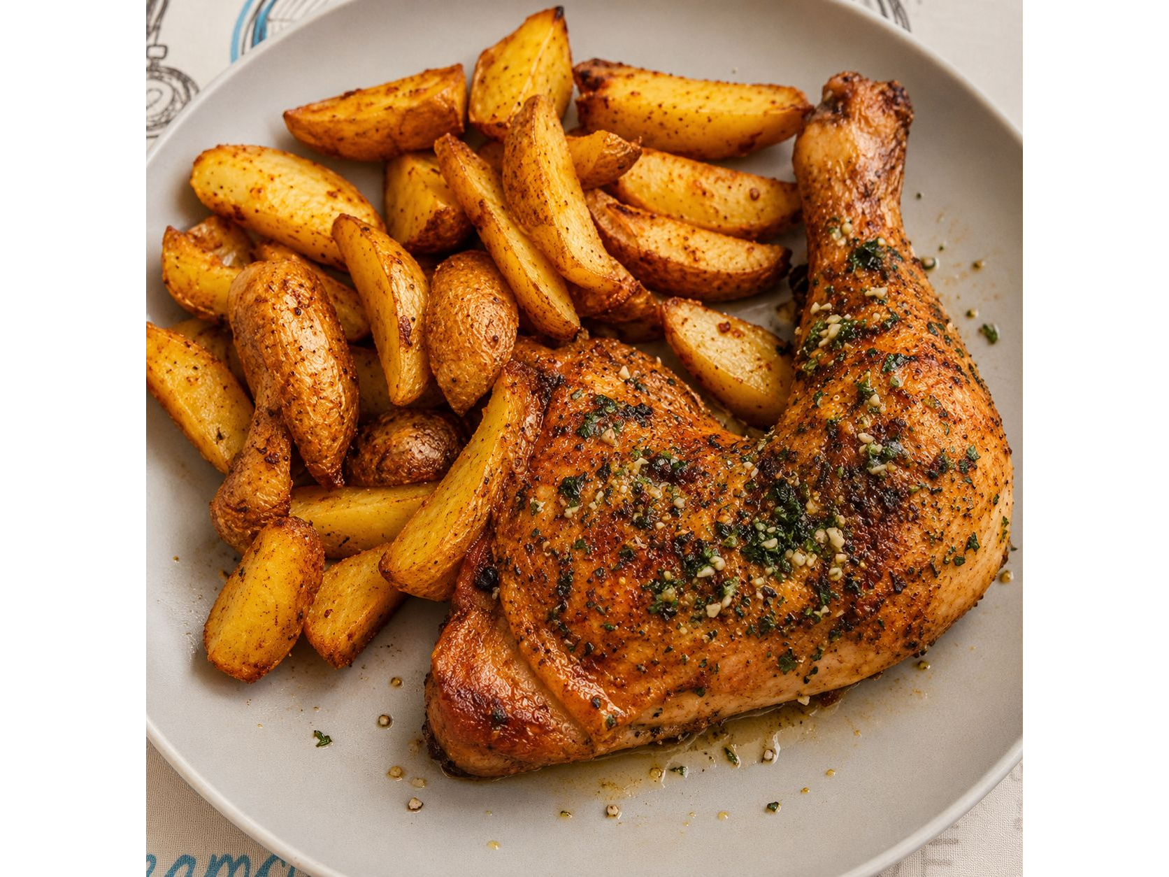 Pollo al horno con papas fritas.