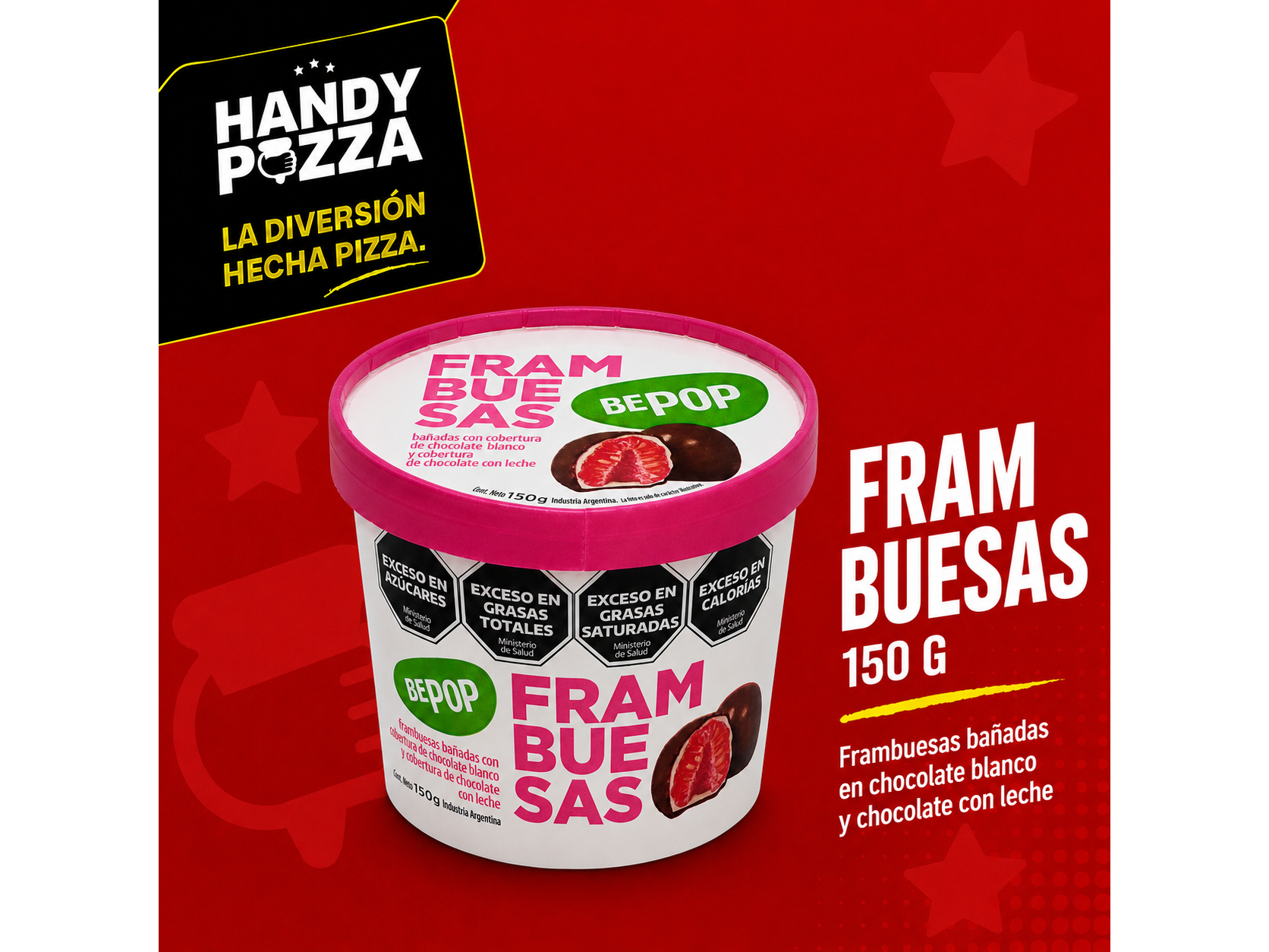 Frambuesas, bañadas en chocolate blanco y chocolate con leche.150g