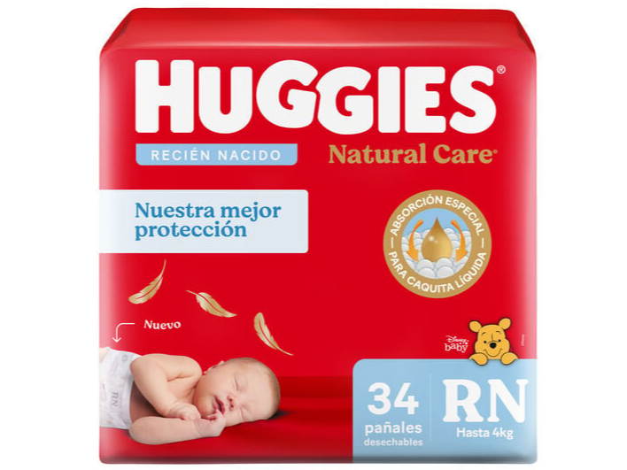HUGGIES RECIEN NACIDO NATURAL CARE (ROJO - HASTA 4 KG) X 34 PAÑALES