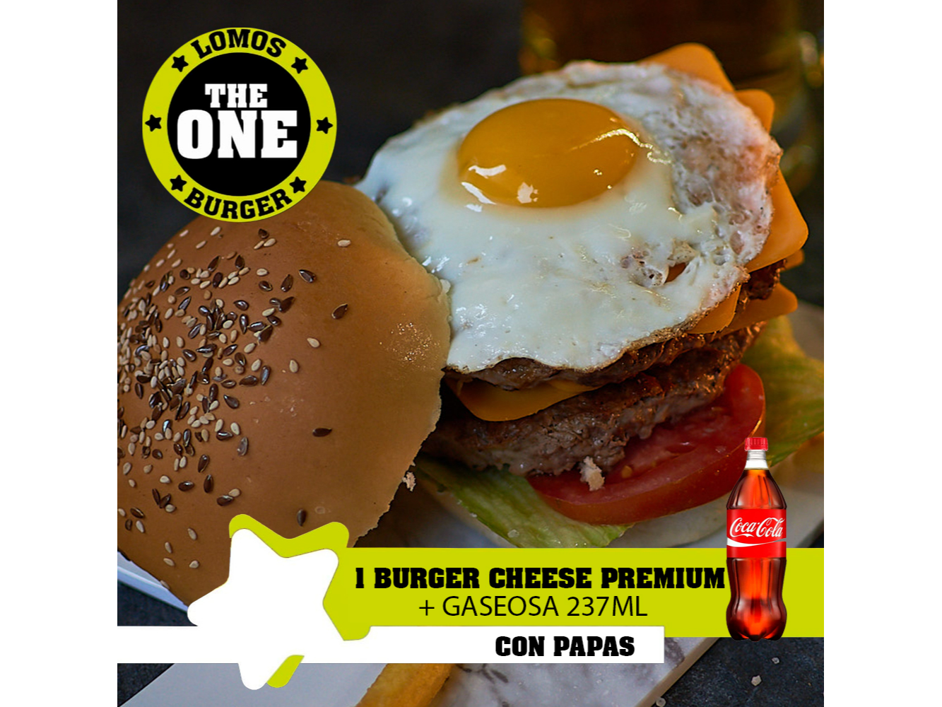 1 BURGER CHEESE PREMIUM + GASEOSA 237 ml