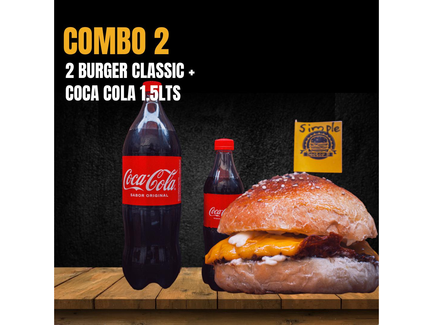 2 hamburguesas + 1 coca cola1.5lts