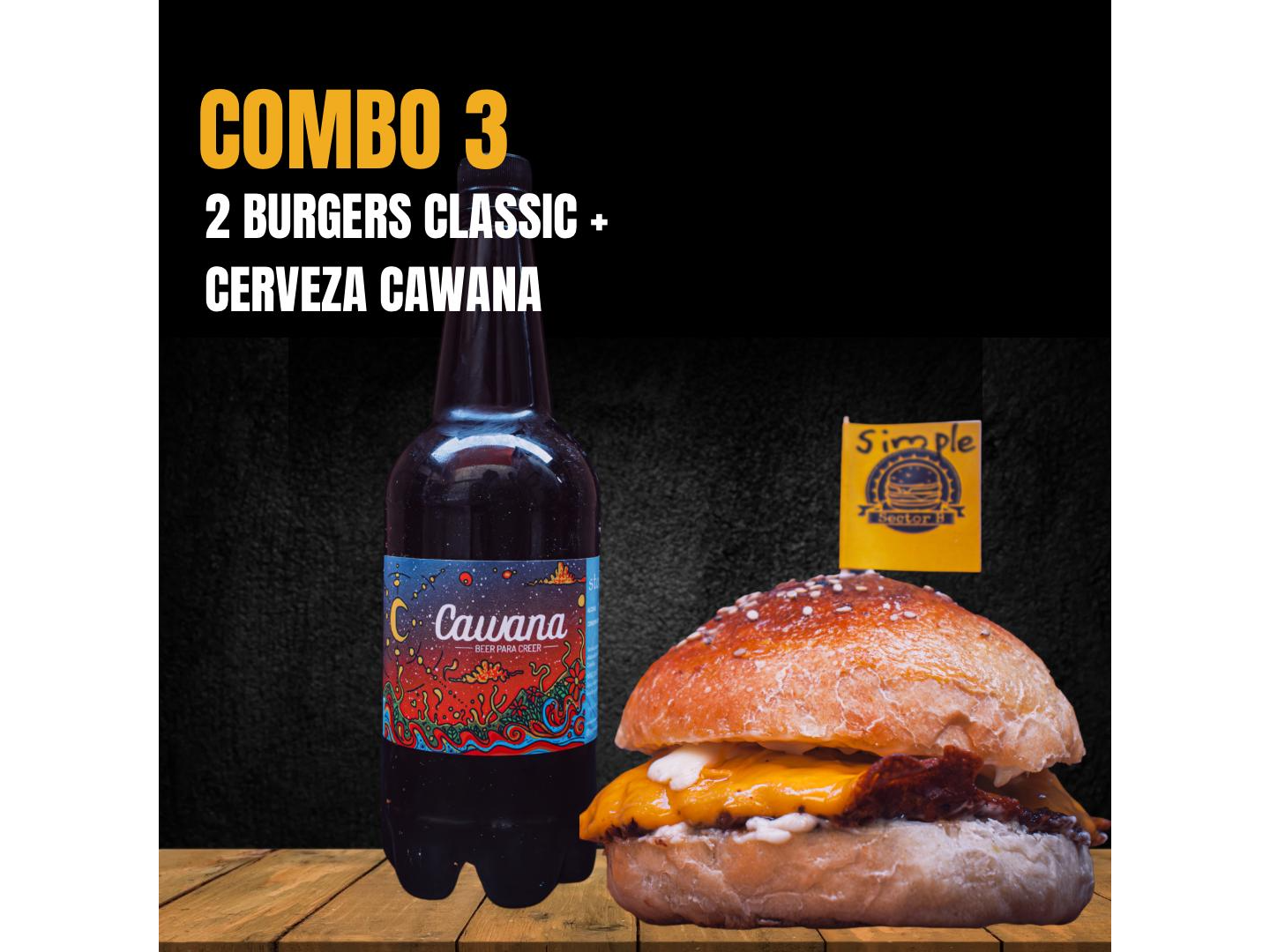 2 hamburguesas + 1 cerveza cawana 1L