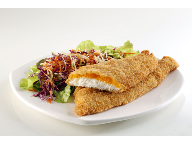 Merluza milanesa con crema dd calabaza