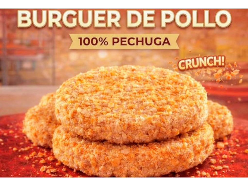 2 HAMBUEGESAS AL PLATO  DE POLLO CRISPY (100% Pechuga) + puré o papas fritas + pan + postrecito