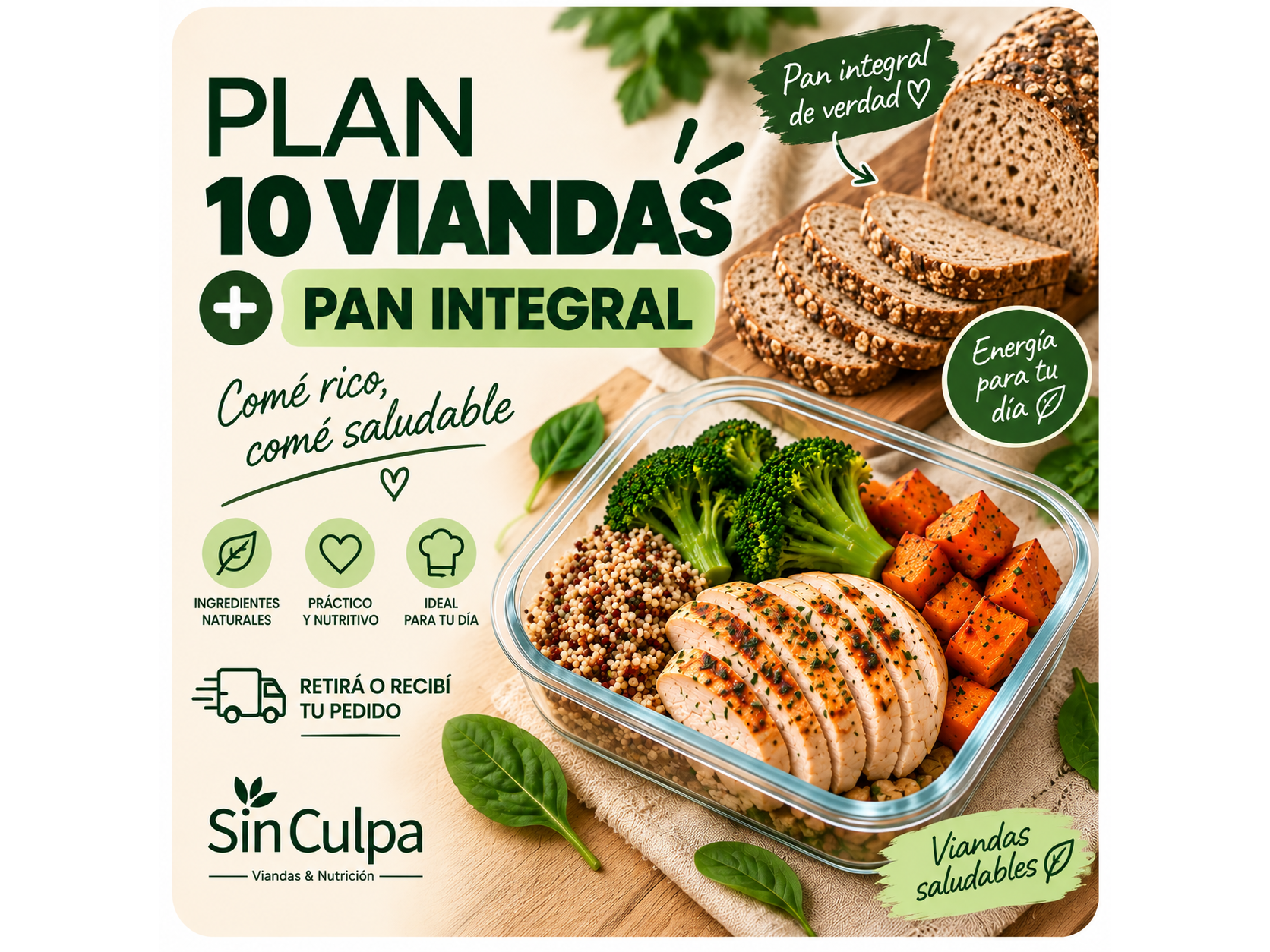 COMBO ENERGETICO ( PAN INTEGRAL +  10 VIANDAS)