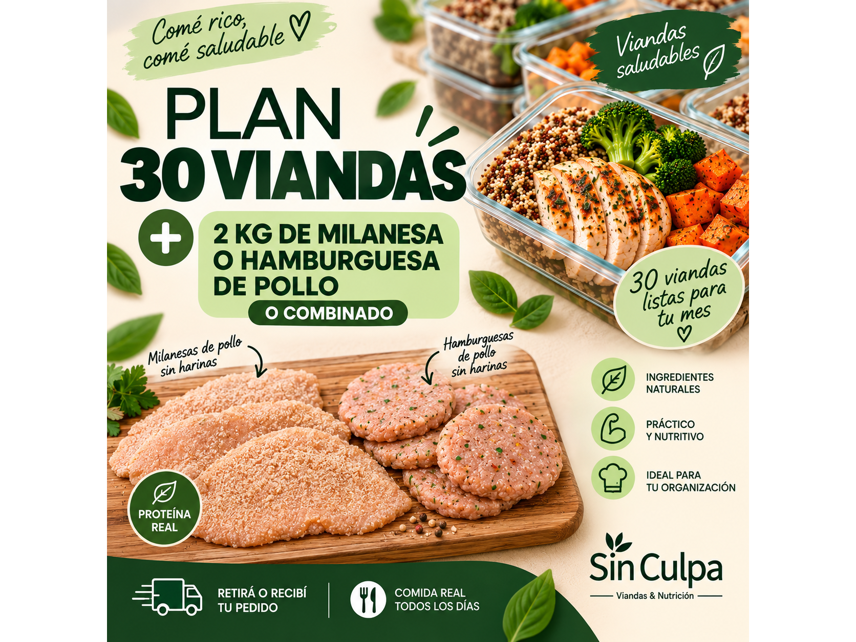 BOX FAMILIAR ( 30 VIANDAS + 2 KG MILANESA O HAMBURGUESA DE POLLO O COMBINADO)