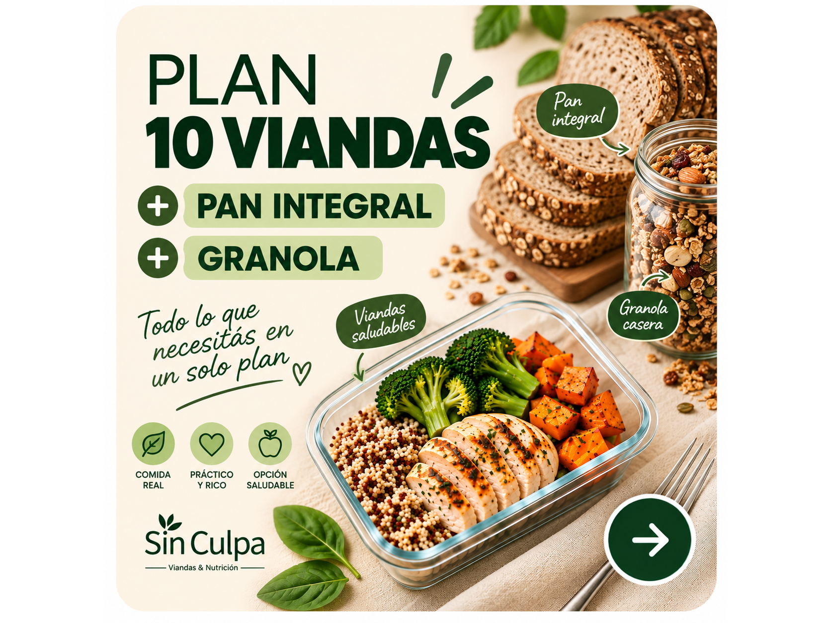 COMBO ENERGETICO ( 10 VIANDAS +  GRANOLA + PAN INTEGRAL)