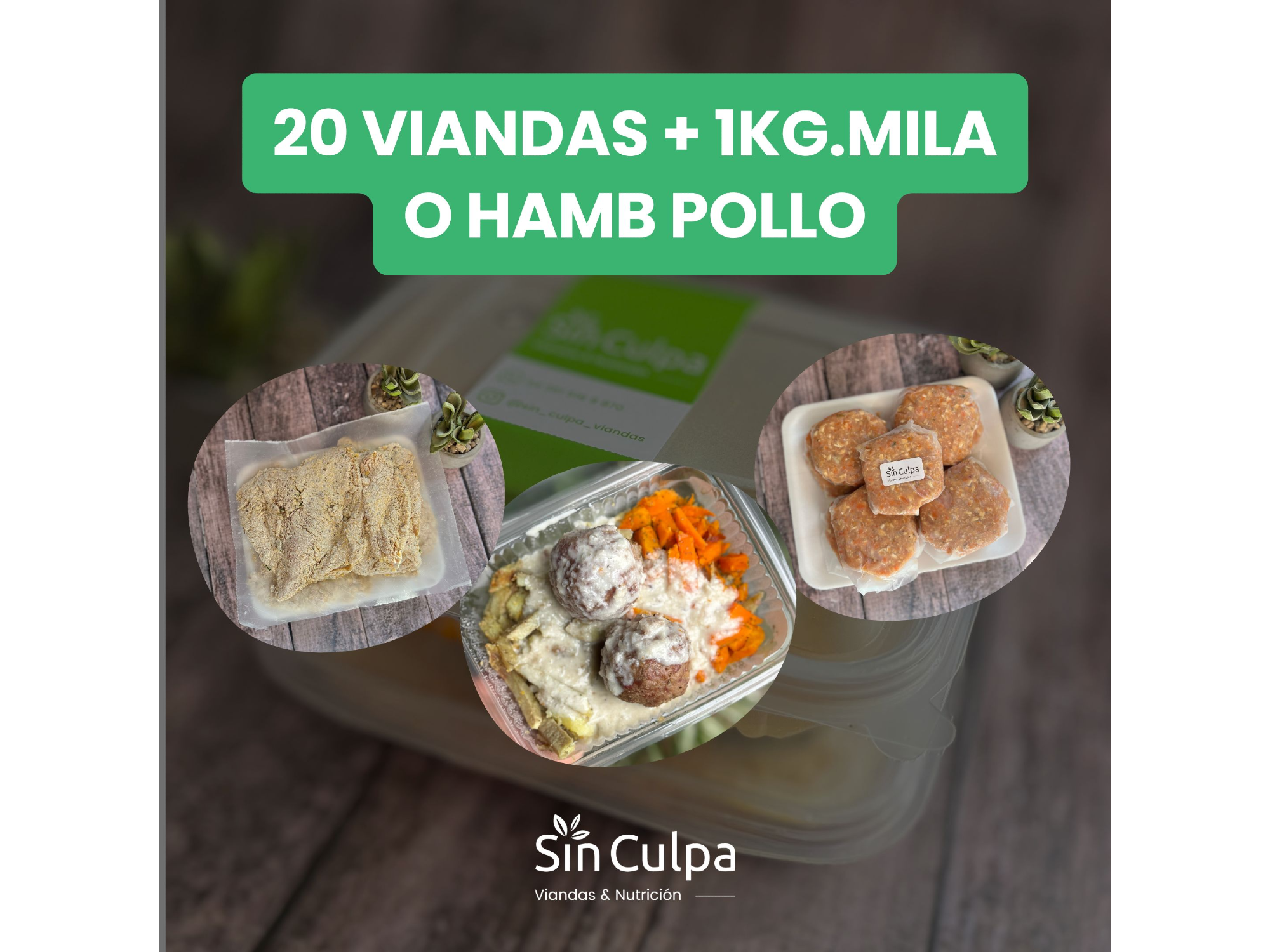 20 VIANDAS + 1KG MILANESAS O HAMBURGUESA POLLO