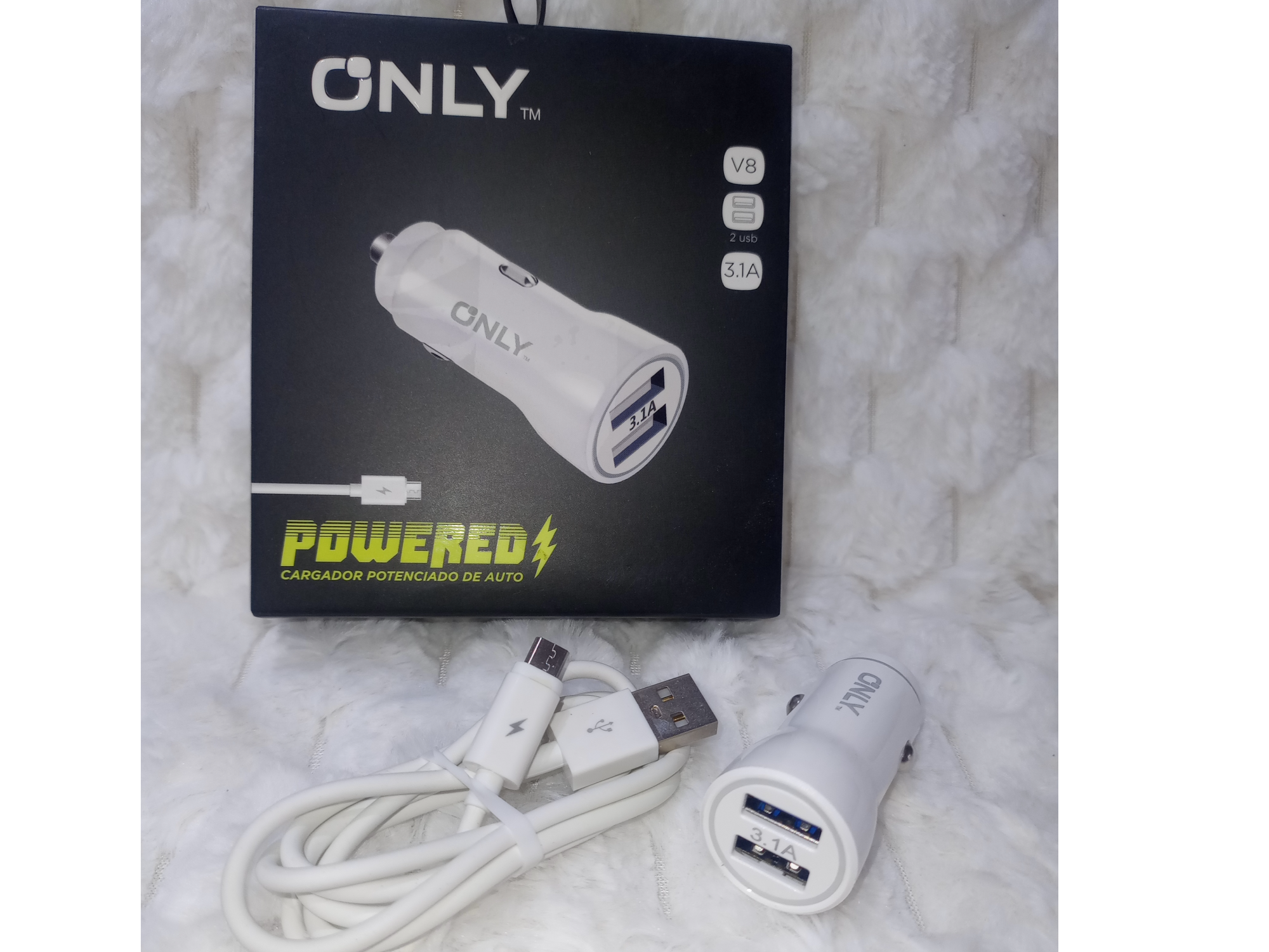 Cargador Turbo Para Auto 12 V 3.1a Only 2 Usb + Cable V8