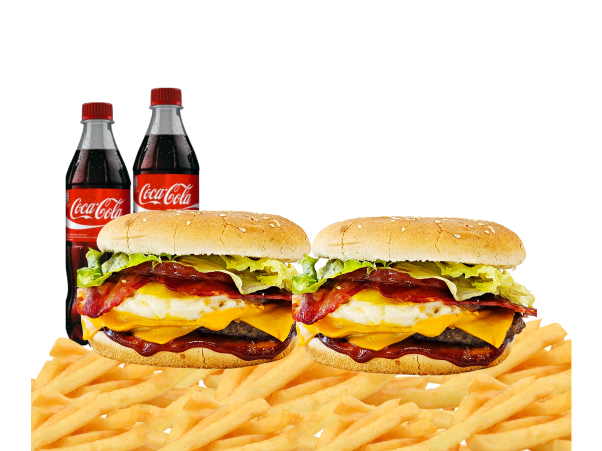 2 GRAN HAMBURGUESAS + PAPAS + 2 BEBIDAS 500ML