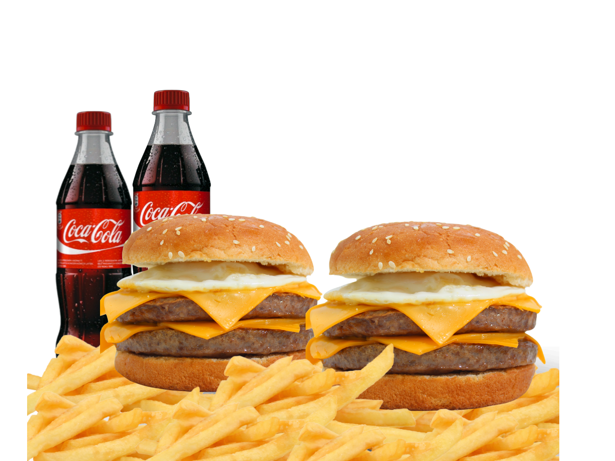 2 HAMBURGUESAS DOBLE + PAPAS FRITAS + 2 GASEOSAS 500ML