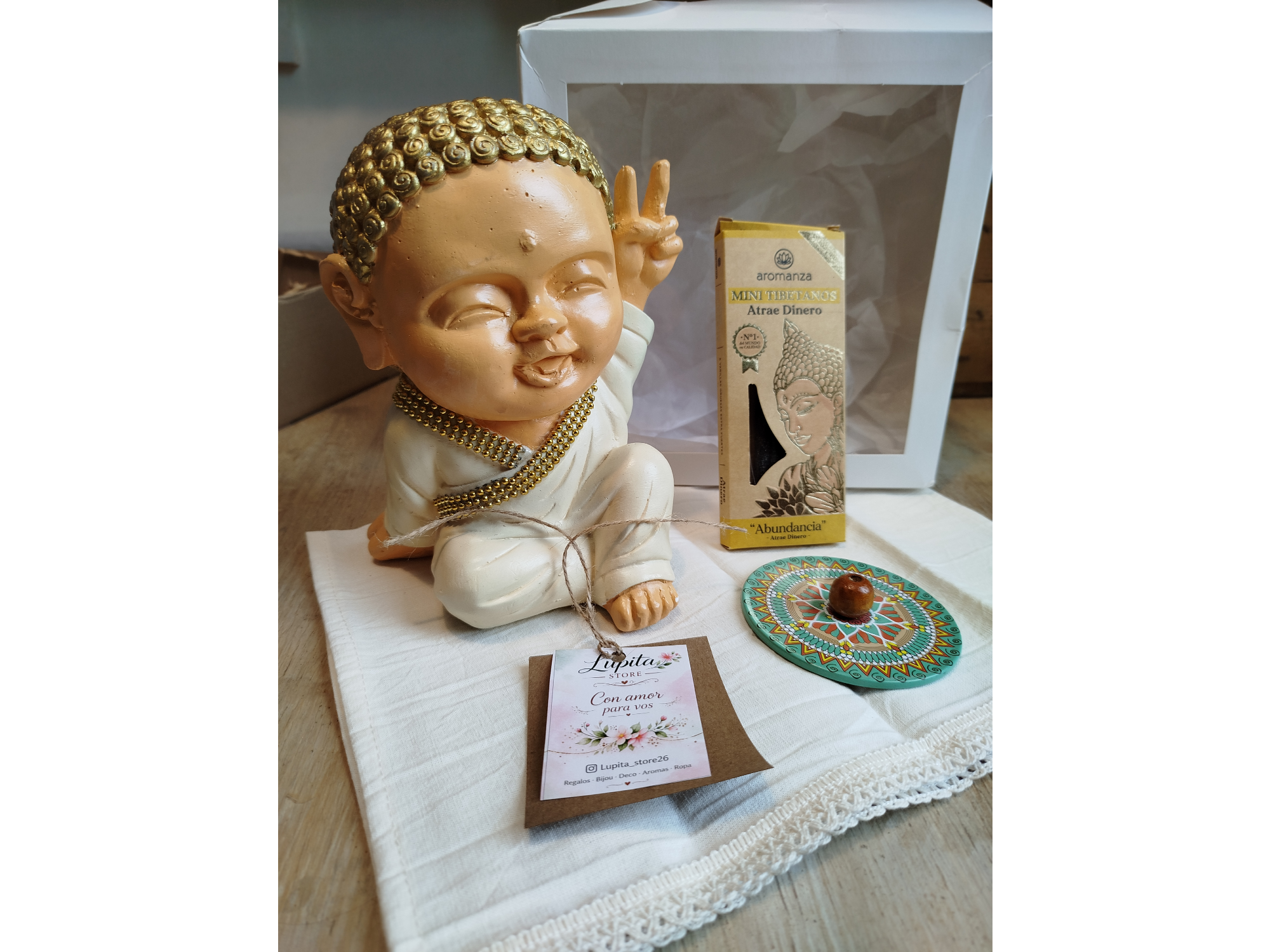 SET Buda  de la Paz + portasahumeros+ sahumerios  en caja