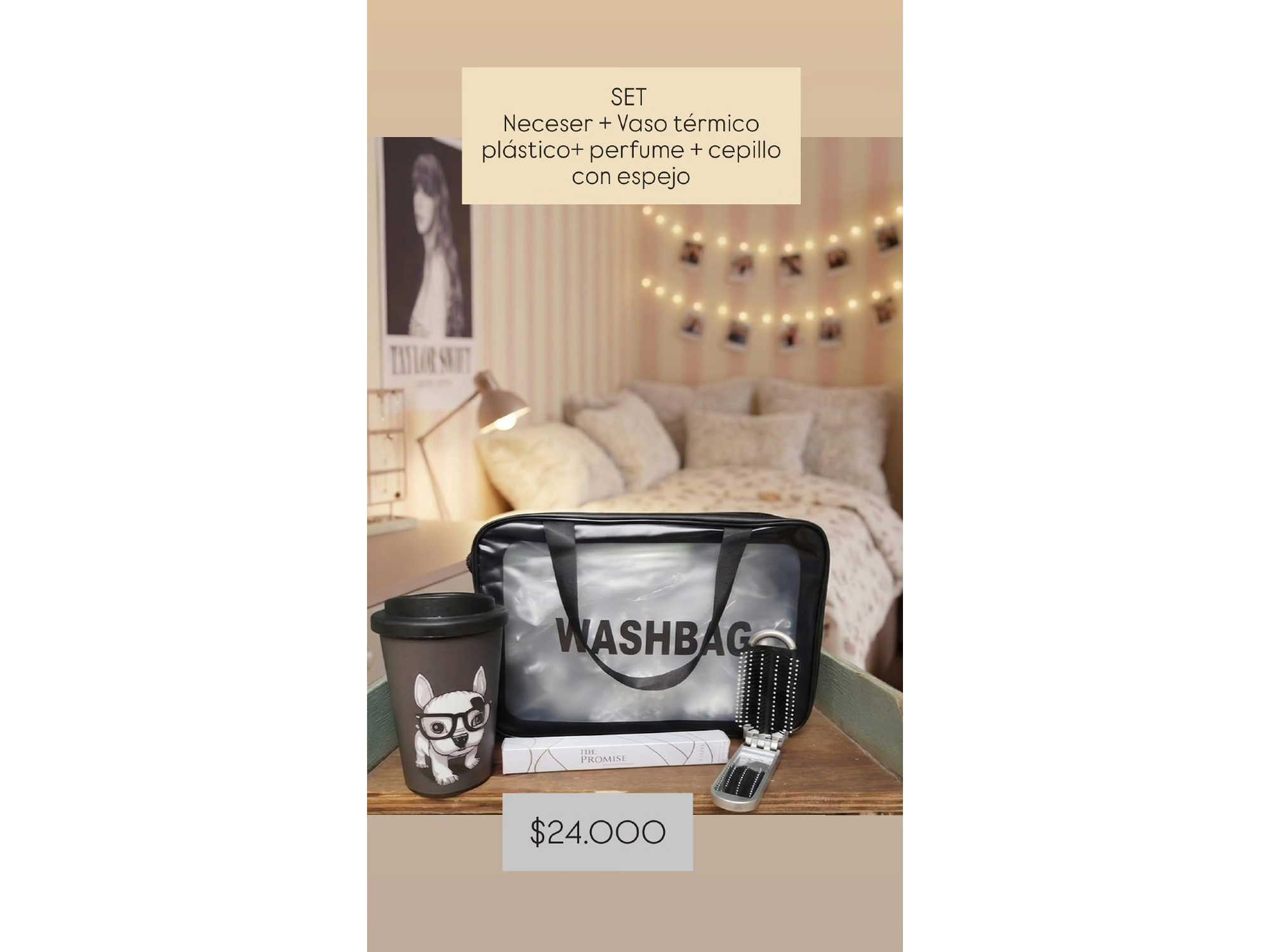 Set neceser+ taza térmica plática+  cepillo espejo+perfume