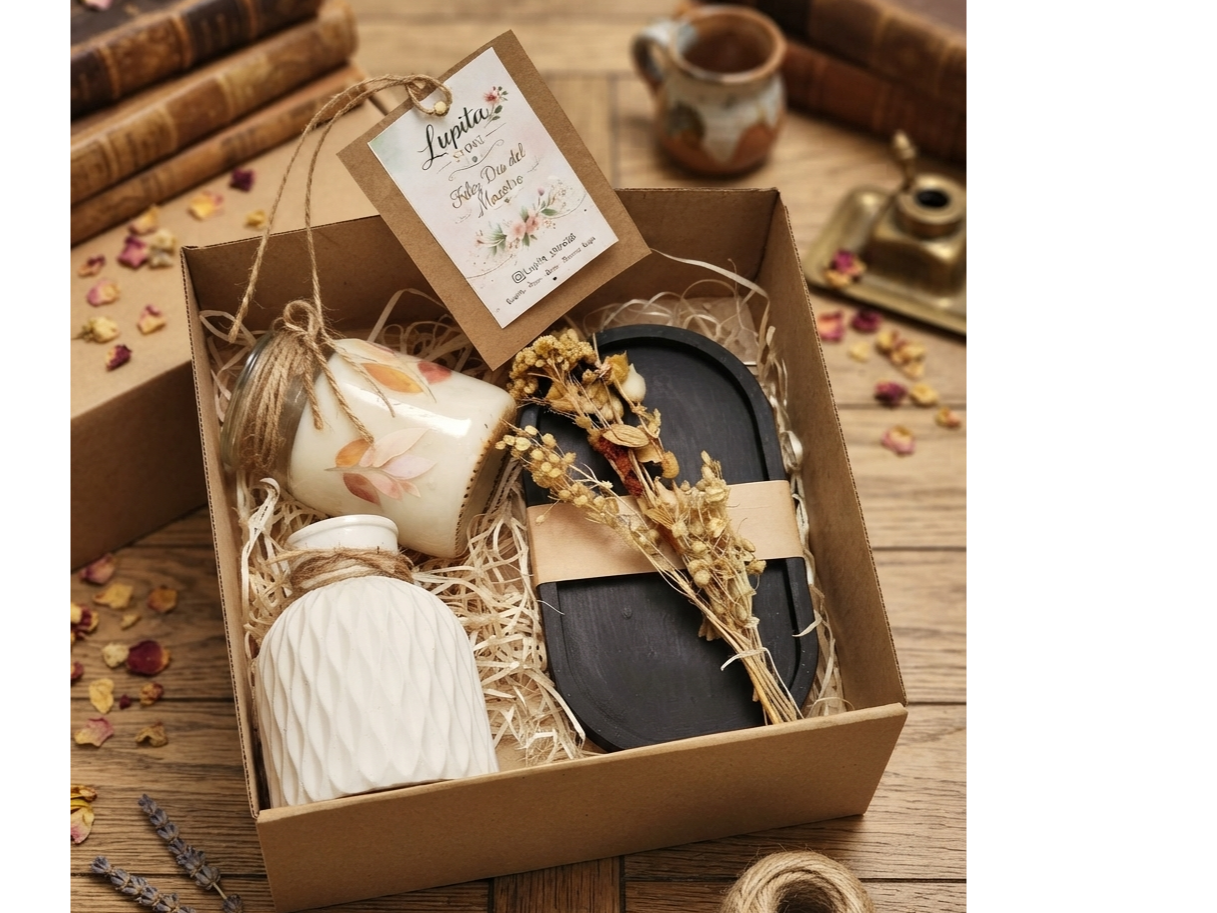 Set en cajita con Florero y flores secas + bandejita negra y velitas de soja en cuenco de vidrio