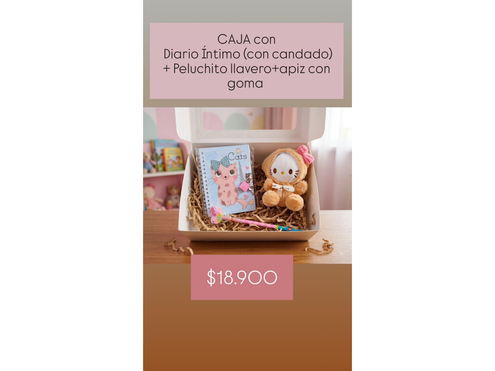 Set Diario íntimo + peluche llavero + lápiz con goma
