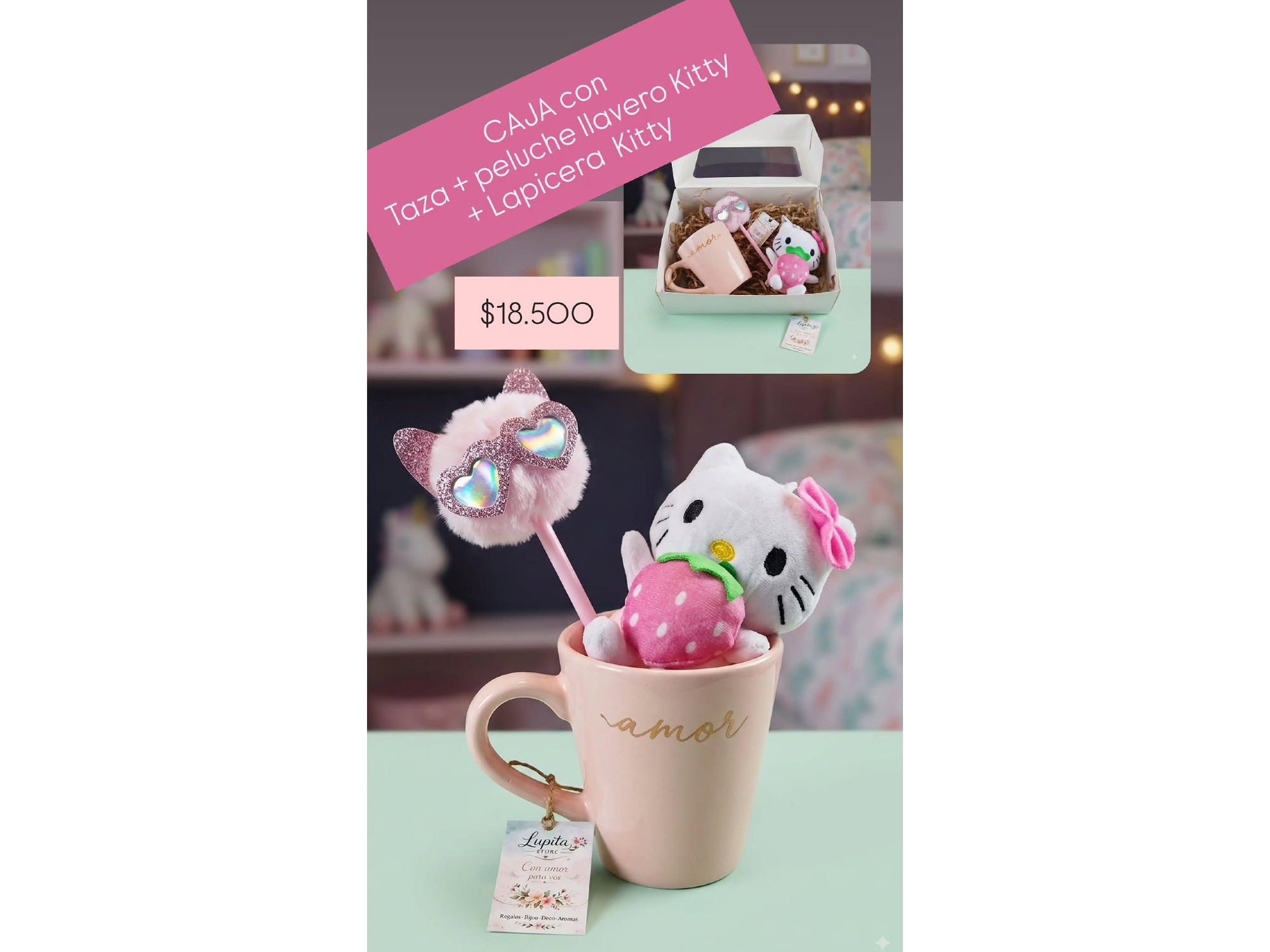 Set taza + peluche llavero Kitty+ Lapicera Kitty