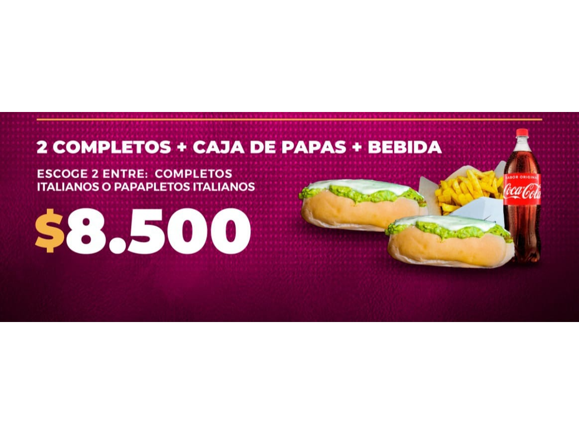 2 Completos + Caja de Papas + Bebida 1.5 lts
